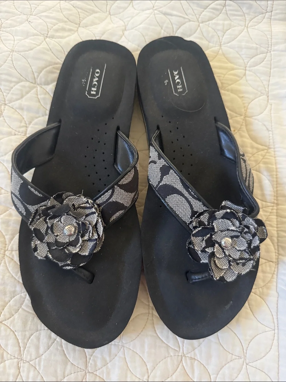 Coach Black and Gray Floral Flipflop Sandals for Women